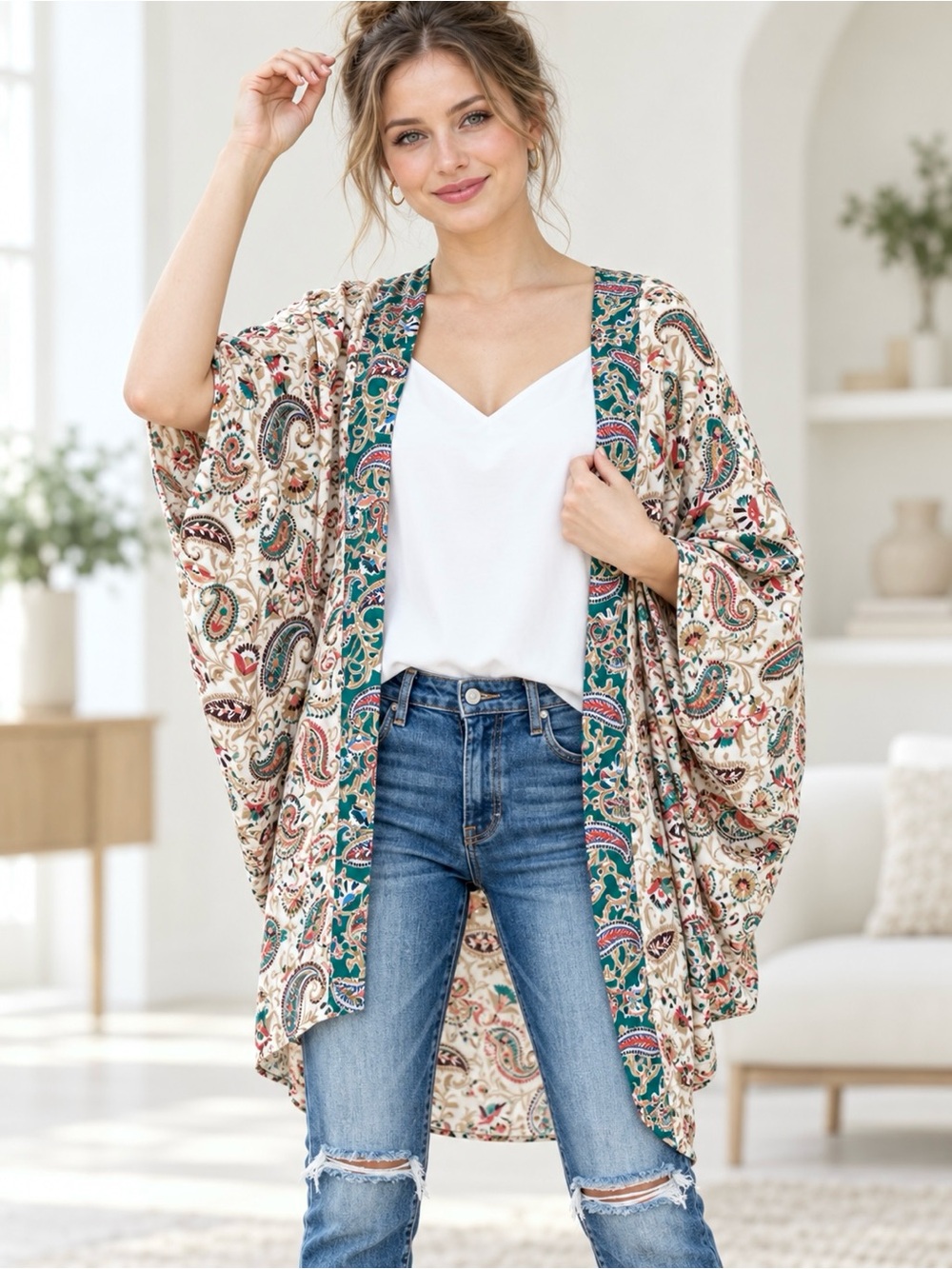 Anthropologie Entro Boho Kimono Georgette Paisley & Floral Print Open-Front